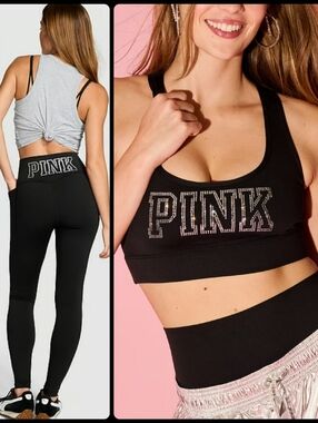 VS PINK Relay Stretch Bling Leggings & Sports Bra Set Size M